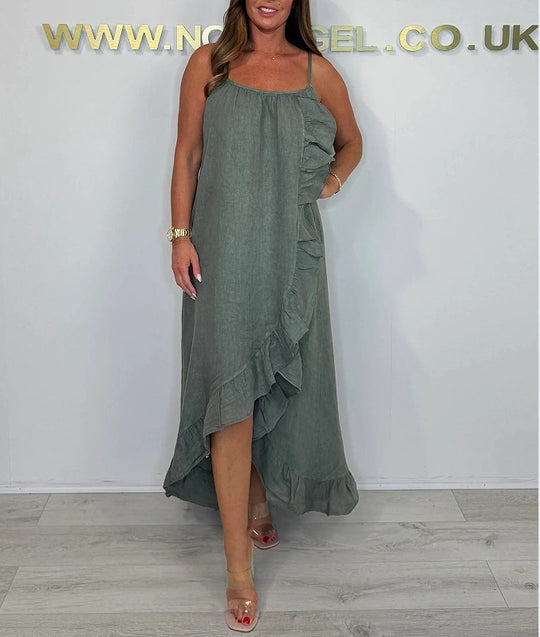 Damen Langarm Maxikleid mit asymmetrischem Saum und Rüsche EB