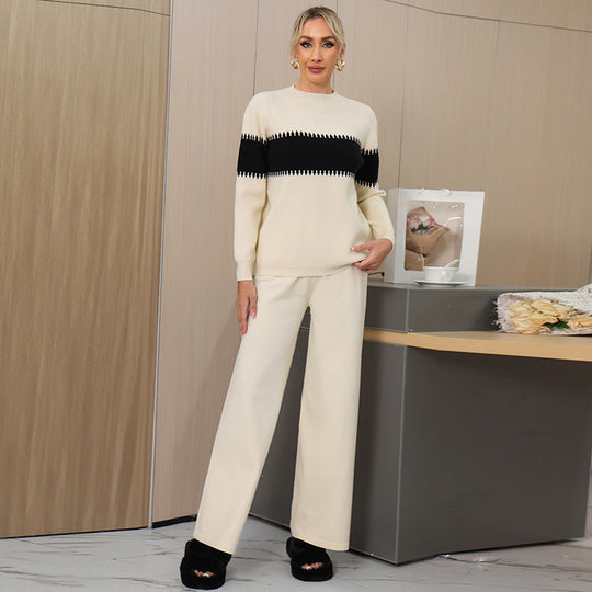 Damen gemütliches Strick-Loungewear-Set mit elegantem Strukturmuster und weitem Bein EB
