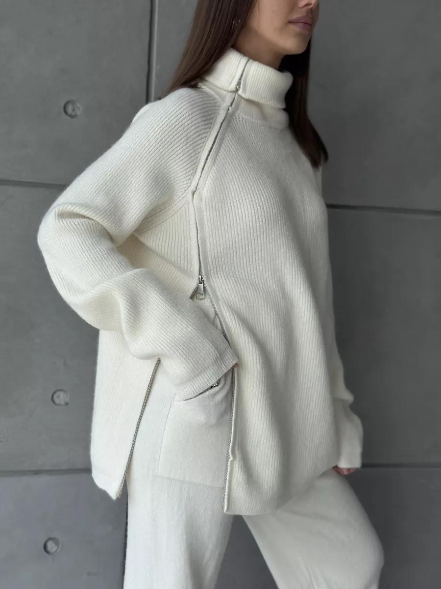Damen Modernes Strickoberteil mit asymmetrischem Reißverschluss EB