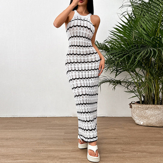 Damen Häkel Langkleid mit dekorativem Wellenmuster und figurbetonter Silhouette EB