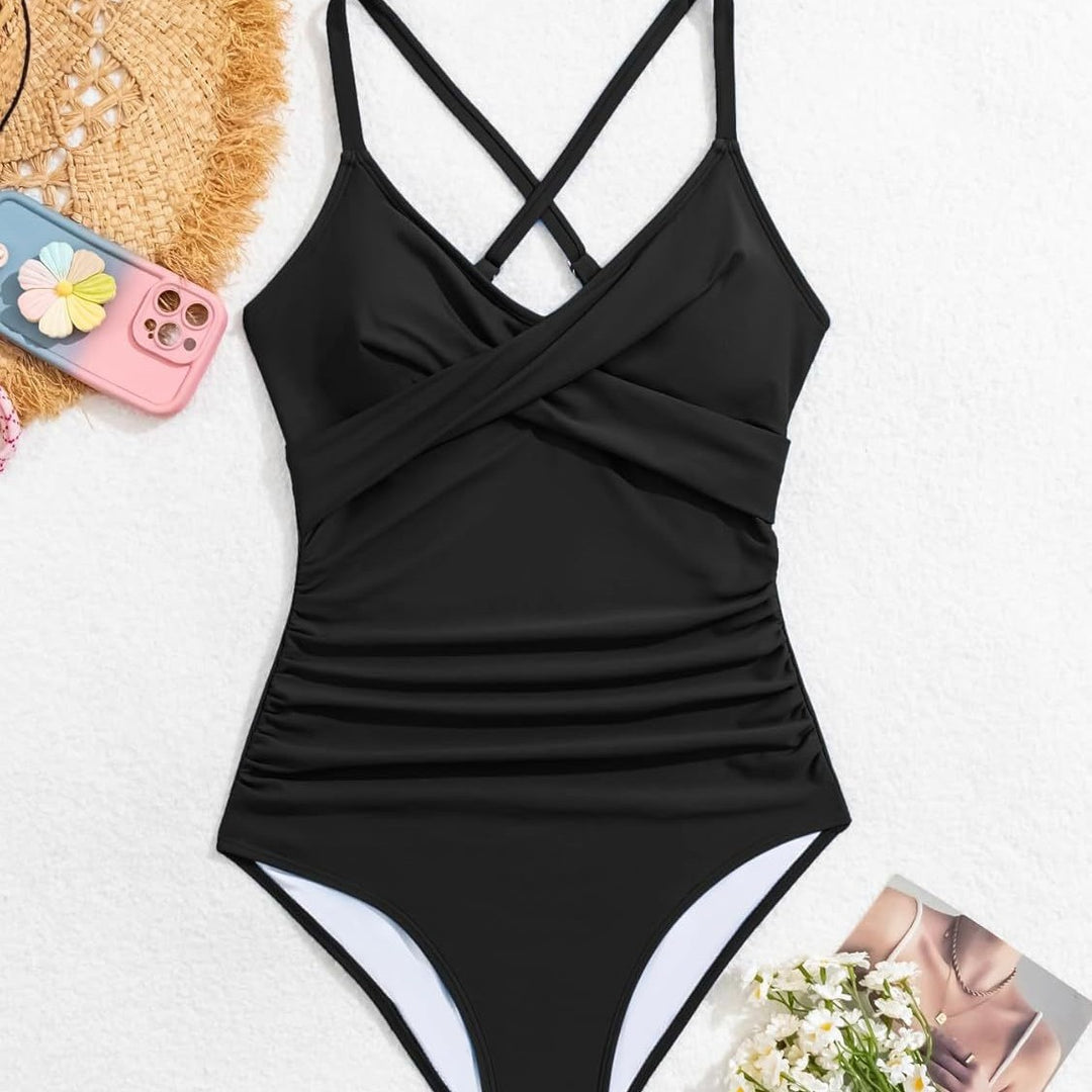 Damen Einteiler Badeanzug mit elegantem Wickel-Design und femininem Schnitt EB