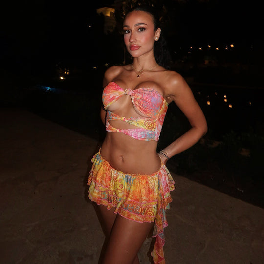 Damen Bandeau-Wickeloberteil mit verspieltem Rock und floralen Prints EB