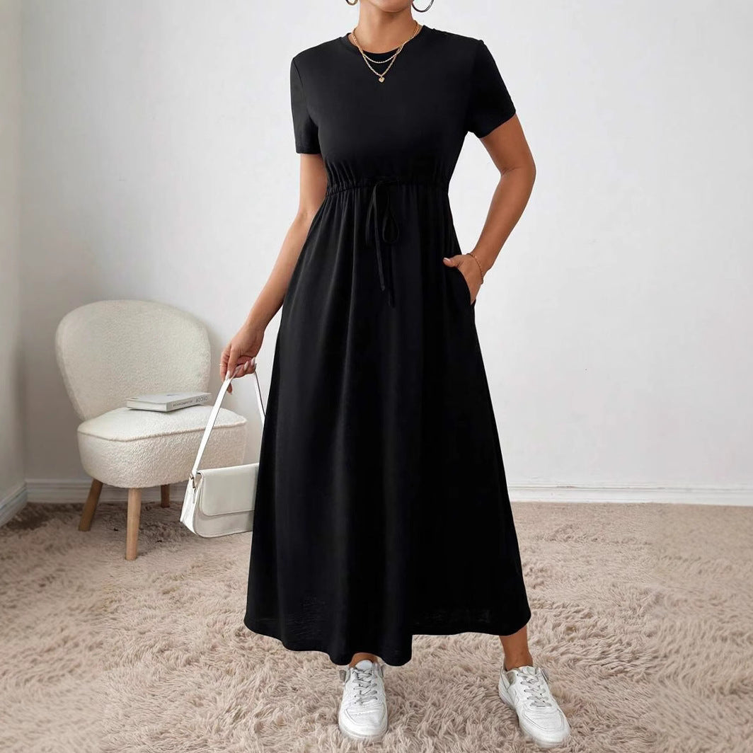 Damen lässiges Maxikleid mit elastischem Taillenbund und Rundhalsausschnitt EB