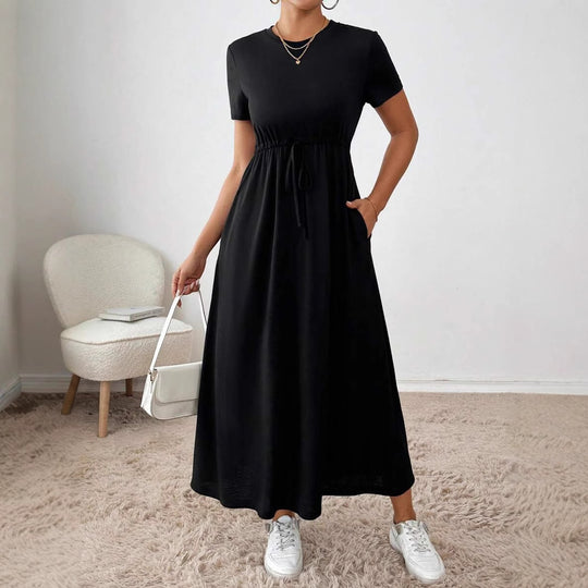 Damen lässiges Maxikleid mit elastischem Taillenbund und Rundhalsausschnitt EB