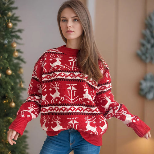 Damen weihnachtlicher Strickpullover mit festlichem Rentierdesign und hohem Kragen EB