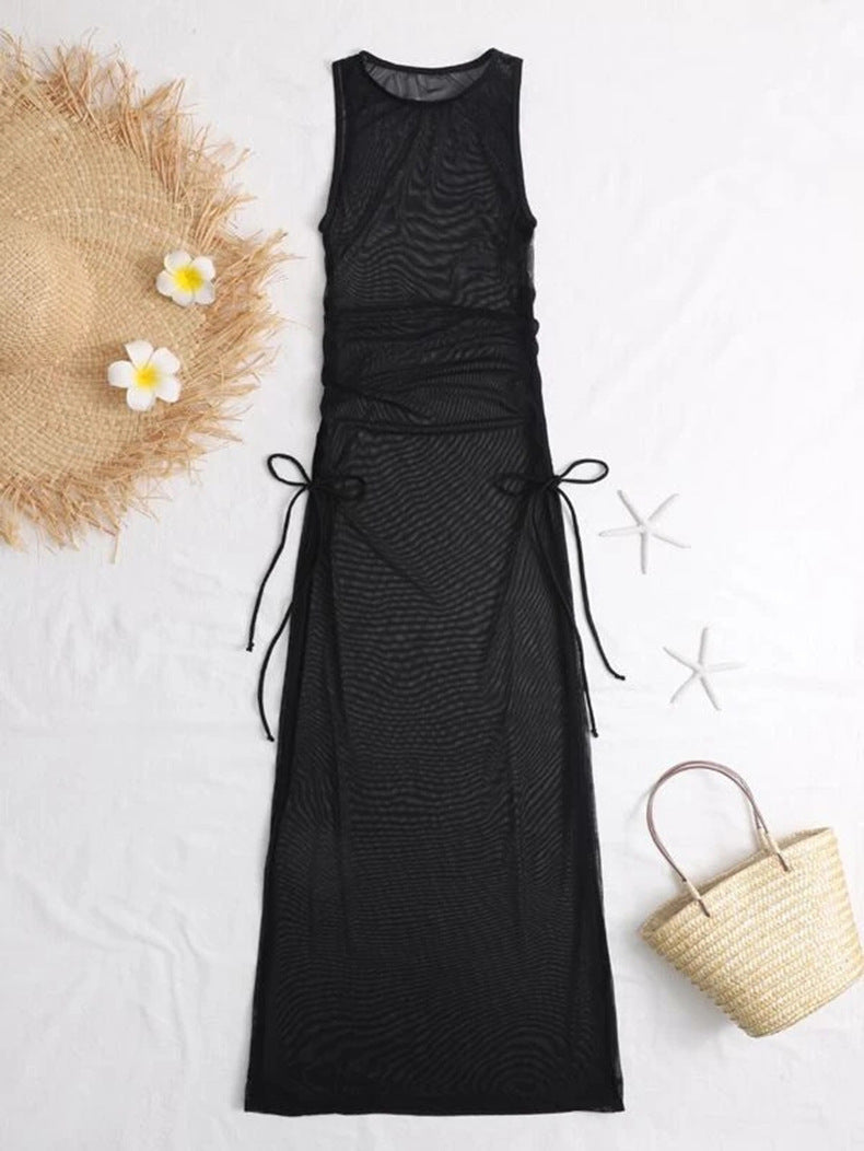 Damen Langer Strandkleid mit raffinierte Seitenschnürung EB