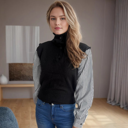 Damen Strickpullover mit modernem Kragen und eleganten gestreiften Ärmeln EB