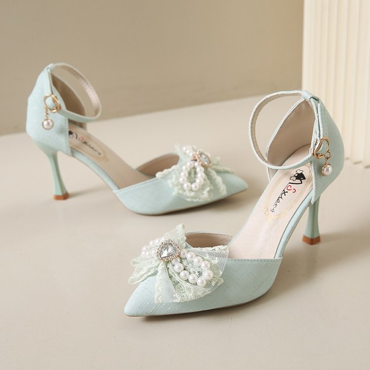 Damen elegante Mary Jane Pumps mit funkelndem Schleifen- und Perlenakzenten EB