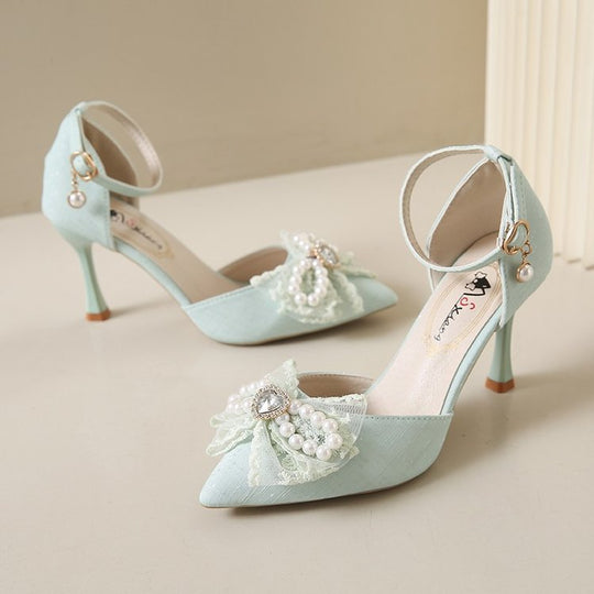 Damen elegante Mary Jane Pumps mit funkelndem Schleifen- und Perlenakzenten EB