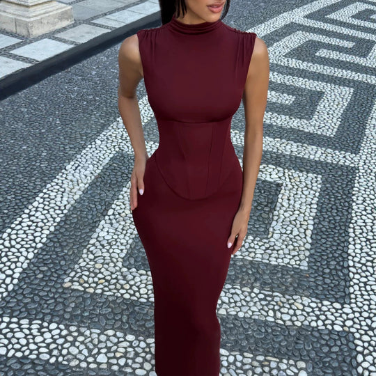 Damen Elegantes langes Kleid mit hohem Kragen und figurbetonter Silhouette EB