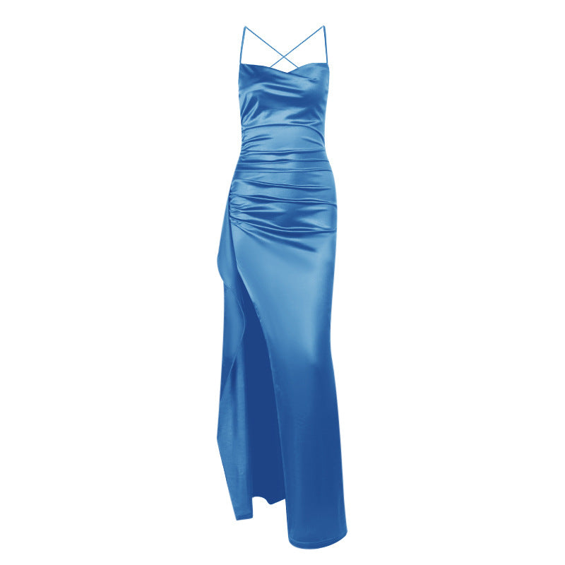 Damen elegantes Satin-Kleid mit tiefem Schlitz und verstellbaren Spaghetti-Trägern EB