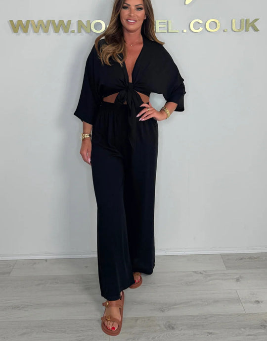 Damen Eleganter Jumpsuit mit verspieltem Knoten und weit geschnittenen Beinen EB