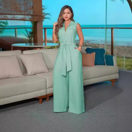 Damen Luftiger Jumpsuit mit Gürtel und Taschen EB