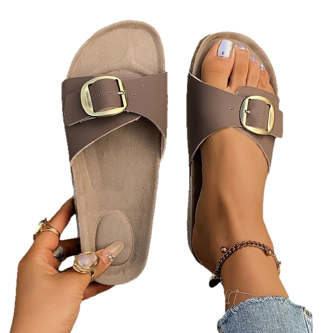 Damen Komfortable Fußbett-Sandalen mit breitem Riemen und glänzender Schnalle EB