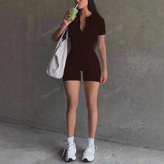 Damen Bodycon Jumpsuit mit kurzem Arm und Reißverschluss EB