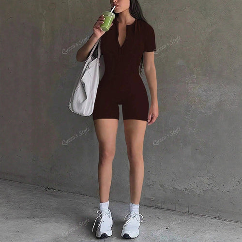 Damen Bodycon Jumpsuit mit kurzem Arm und Reißverschluss EB