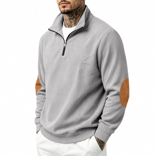 Herren nan Halbzip-Sweatshirt mit Stehkragen, feiner Waffelstruktur und Lederoptik-Ellenbogenpatchs EB