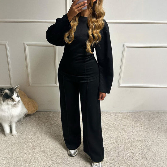 Damen nan weiches Lounge-Set mit tailliertem Sweatshirt, formgebenden Nahtdetails und weitem Palazzohosen-Bein EB