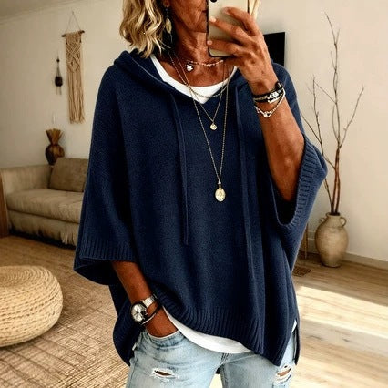 Damen nan Oversize Strickponcho mit Kapuze und kurzen Ärmeln EB