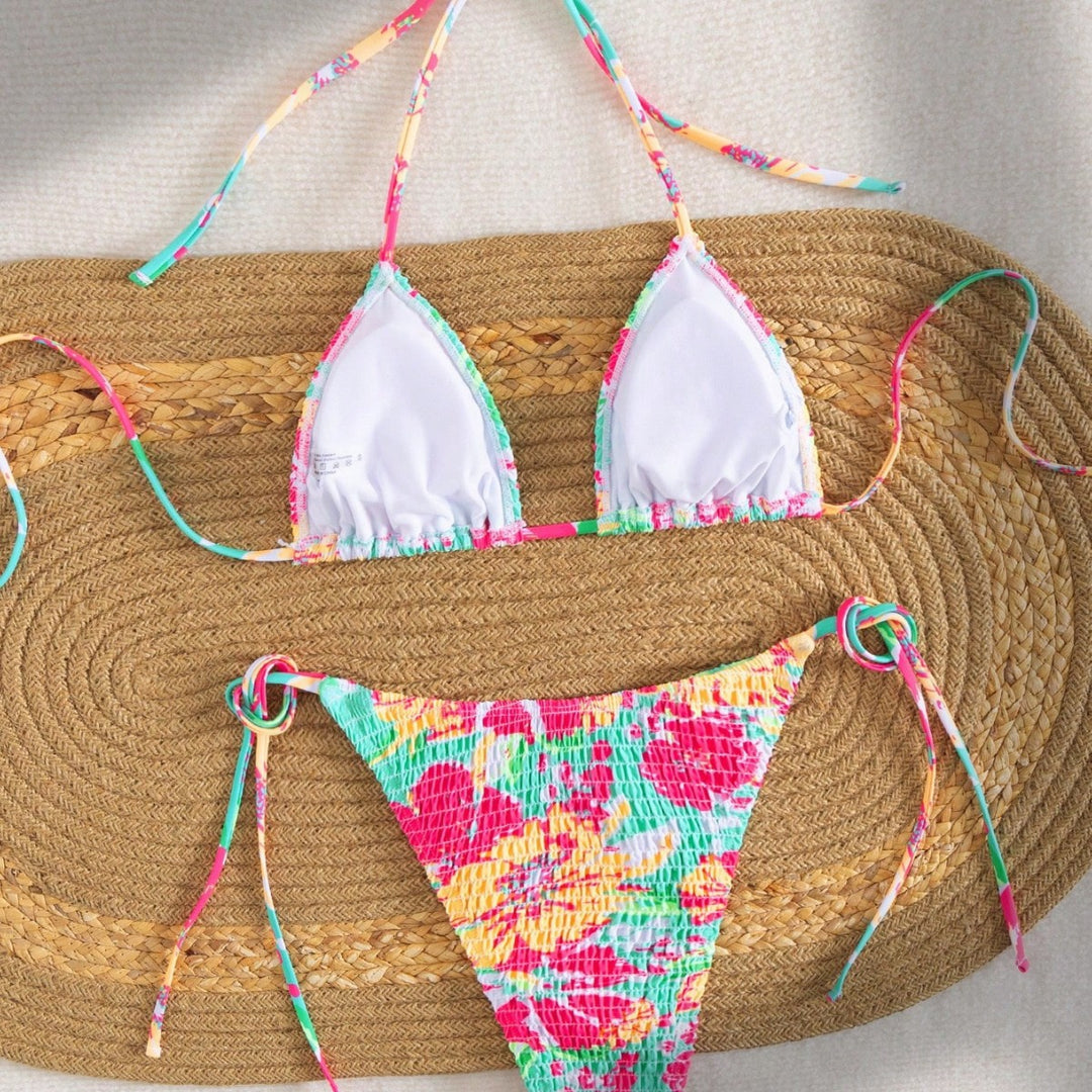 Damen Triangel-Bikini mit buntem Blumenmuster und verstellbarem Bindeband EB