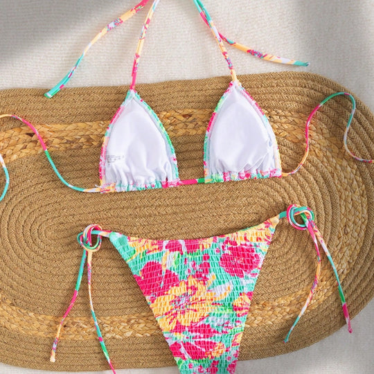 Damen Triangel-Bikini mit buntem Blumenmuster und verstellbarem Bindeband EB