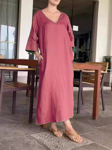 Damen luftiges Maxikleid aus atmungsaktiver Baumwolle mit V-Ausschnitt und praktischen Taschen EB