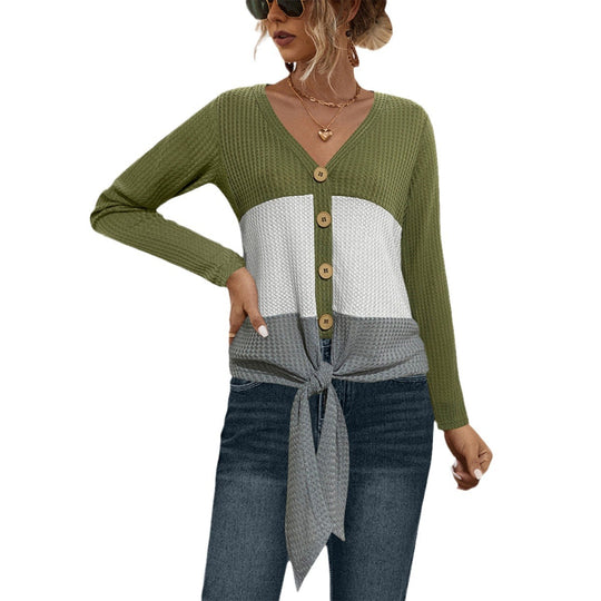Damen Strickjacke mit bindbarem Detail und gestreiftem Muster EB