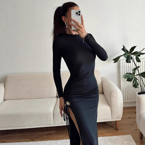 Damen elegantes, figurbetontes Kleid mit Raffungen und hohem Schlitz EB