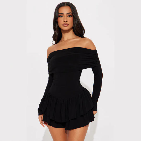 Damen Off-Shoulder Minikleid mit Rüschendetails und Elasthan-Anteil EB