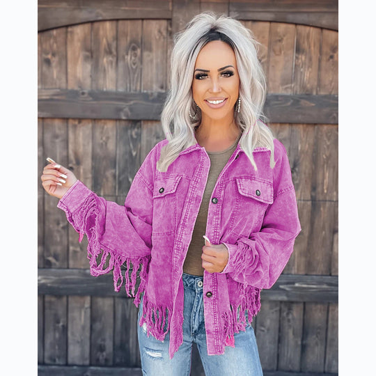 Damen Fransen-Jacke aus Denim im lässigen Oversize-Schnitt EB