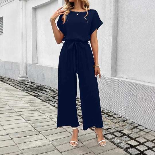 Damen Eleganter Jumpsuit mit weitem Bein und Taillenknoten EB