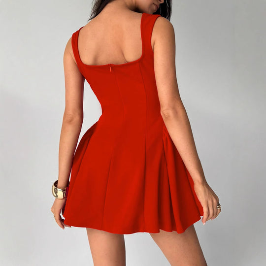 Damen Fließendes Minikleid mit quadratischem Ausschnitt und ausgestellten Rock EB