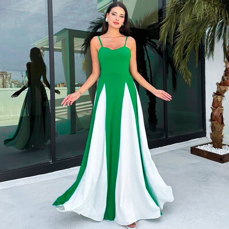 Damen Elegantes Maxikleid mit diagonalen Farbakzenten und schmalen Spaghettiträgern EB