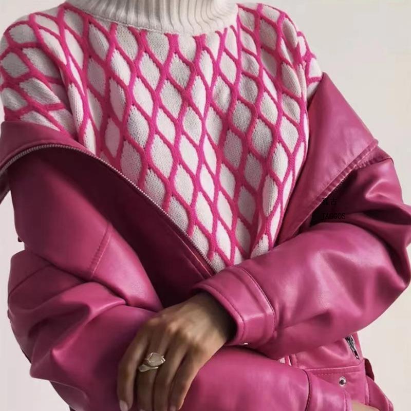 Damen Oversize Strickpullover mit Rautenmuster und Stehkragen EB