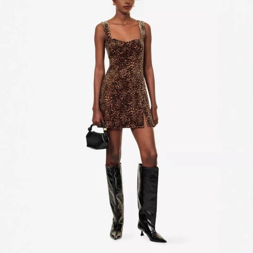 Damen figurbetontes Minikleid mit Leopardenmuster und eleganten Trägern EB