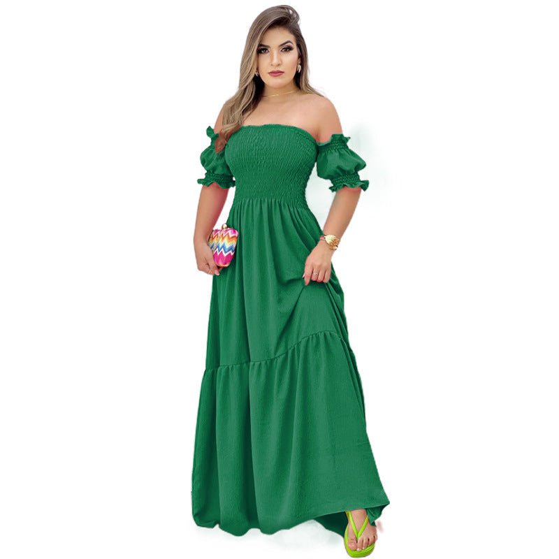 Damen Off-Shoulder Maxikleid mit voluminösen Puffärmeln und nostalgischer Raffung EB