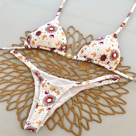 Damen Triangel-Bikini mit floralem Muster und eleganter Goldschließe EB