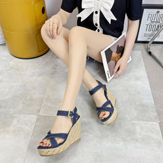Damen nan Keil-Espadrille-Sandale mit geflochtener Juteplattform, gekreuzten Textilriemen und verstellbarer Metallschnalle EB