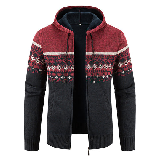 Herren nan gefütterte Strick-Zipjacke im Norwegerstil mit Kapuze und Thermofleece EB