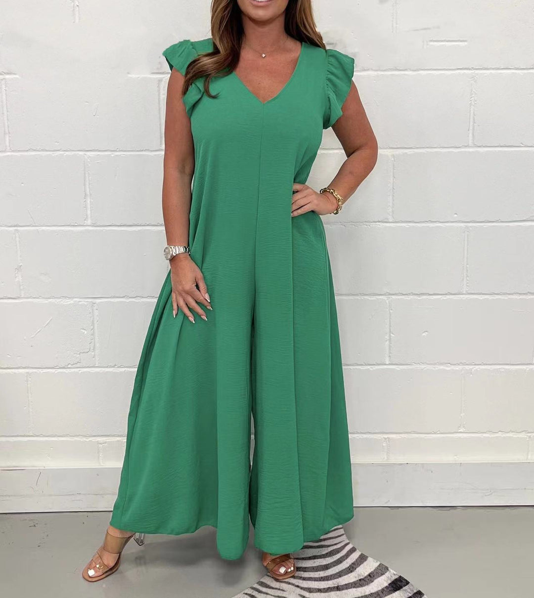 Damen Weit geschnittenes Jumpsuit mit V-Ausschnitt EB