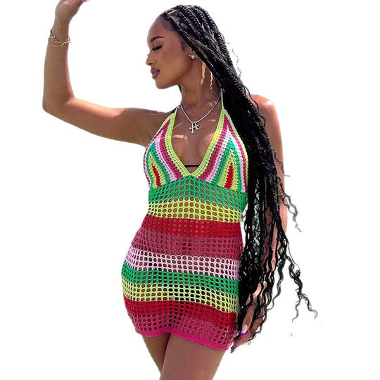 Damen gehäkeltes Strandkleid mit tiefem V-Ausschnitt und buntem Streifenmuster EB