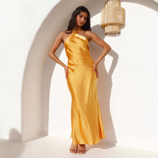 Damen elegantes Abendkleid mit asymmetrischem Ausschnitt und fließendem Satinfall EB