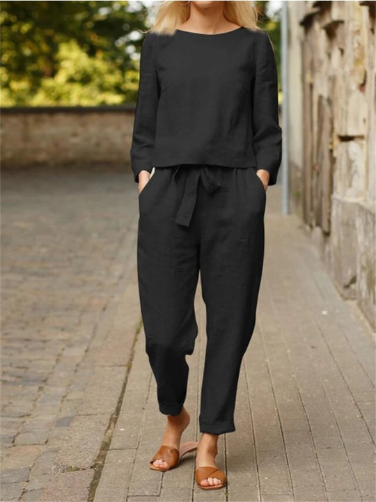 Damen Lässiges Zweiteiliges Leinen-Outfit mit breitem Bund EB