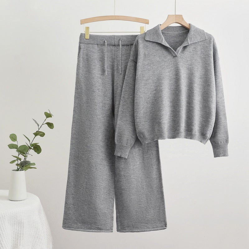 Damen gemütliches Strick-Loungewear-Set mit weit geschnittenem Pullover und Hose EB