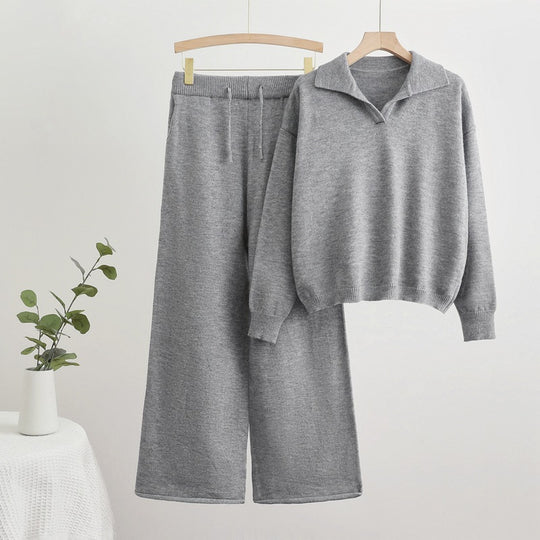 Damen gemütliches Strick-Loungewear-Set mit weit geschnittenem Pullover und Hose EB