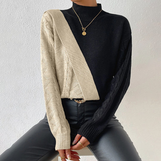 Damen modischer Strickpullover mit asymmetrischem Zopfdesign und hohen Kragen EB