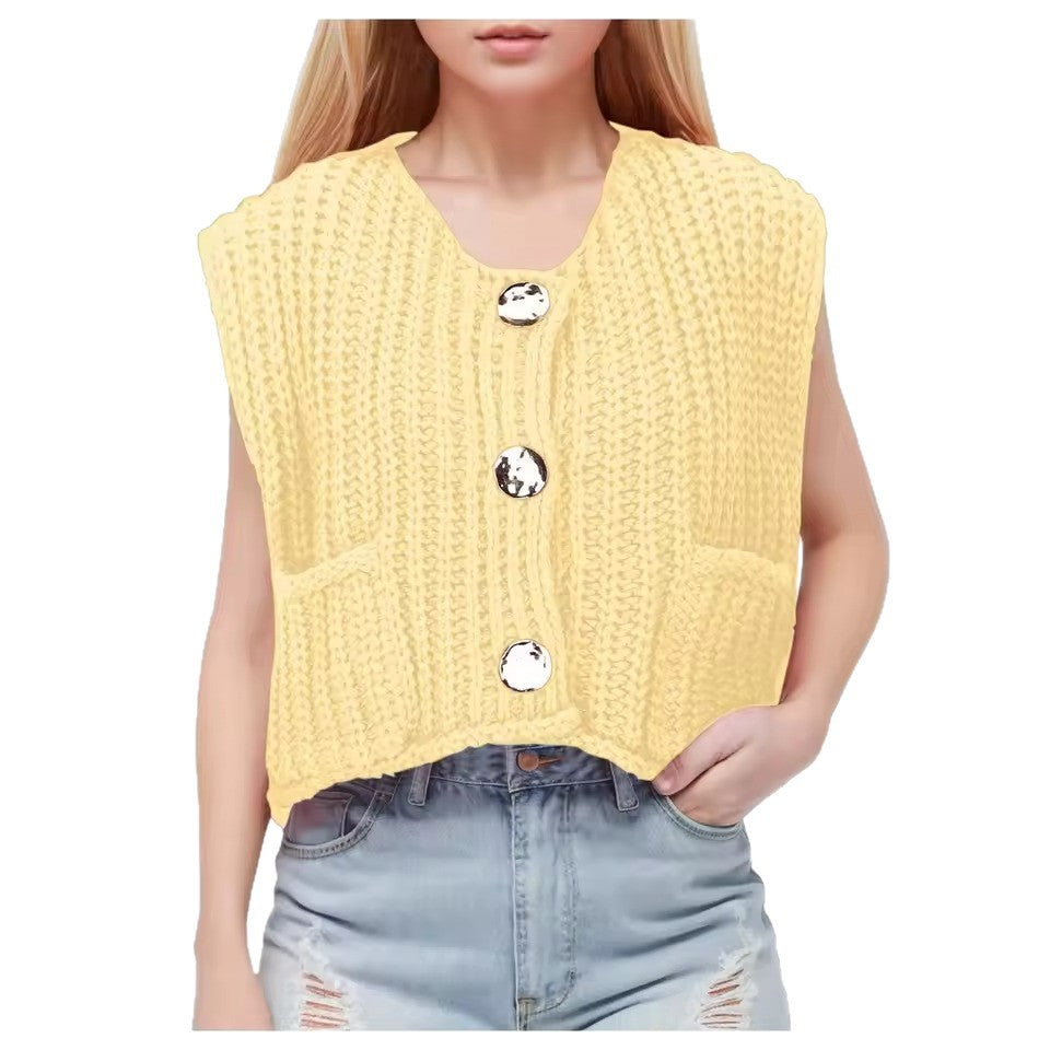 Damen Strickweste mit praktischen Taschen und dekorativen Holzknöpfen EB