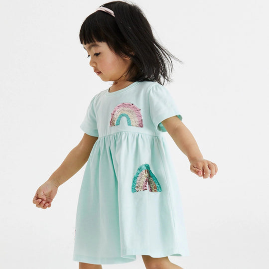 Mädchen Kurzarm-T-Shirt Kleid mit buntem Glitzer-Regenbogen Design EB