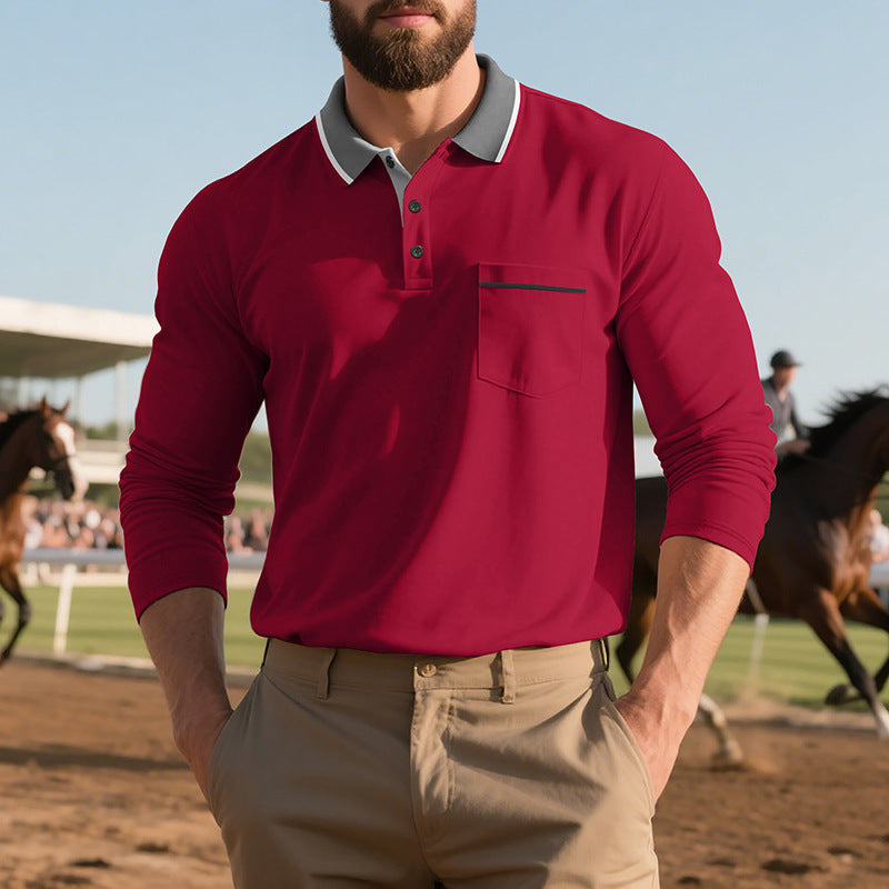 Herren Langarm-Poloshirt mit strukturiertem Design und modischer Brusttasche EB