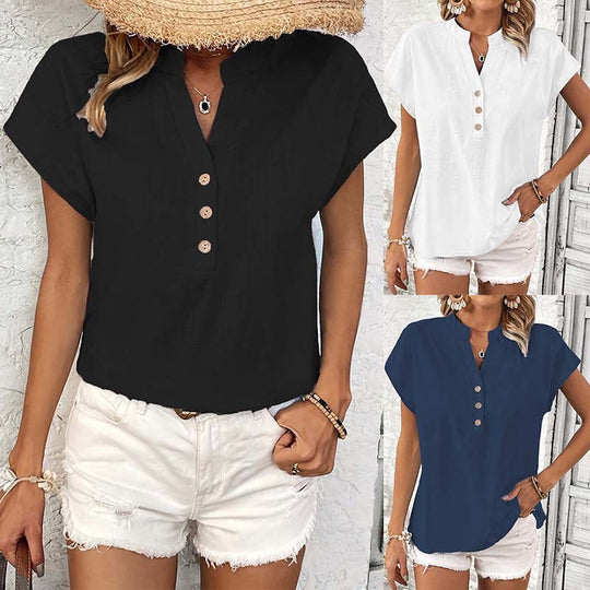 Damen stylisches Kurzarm-Oberteil mit Knopfdetails und trendigem Stehkragen EB